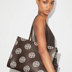 Tory Burch T Monogram Contrast Leather Tote Brown and Cream Color